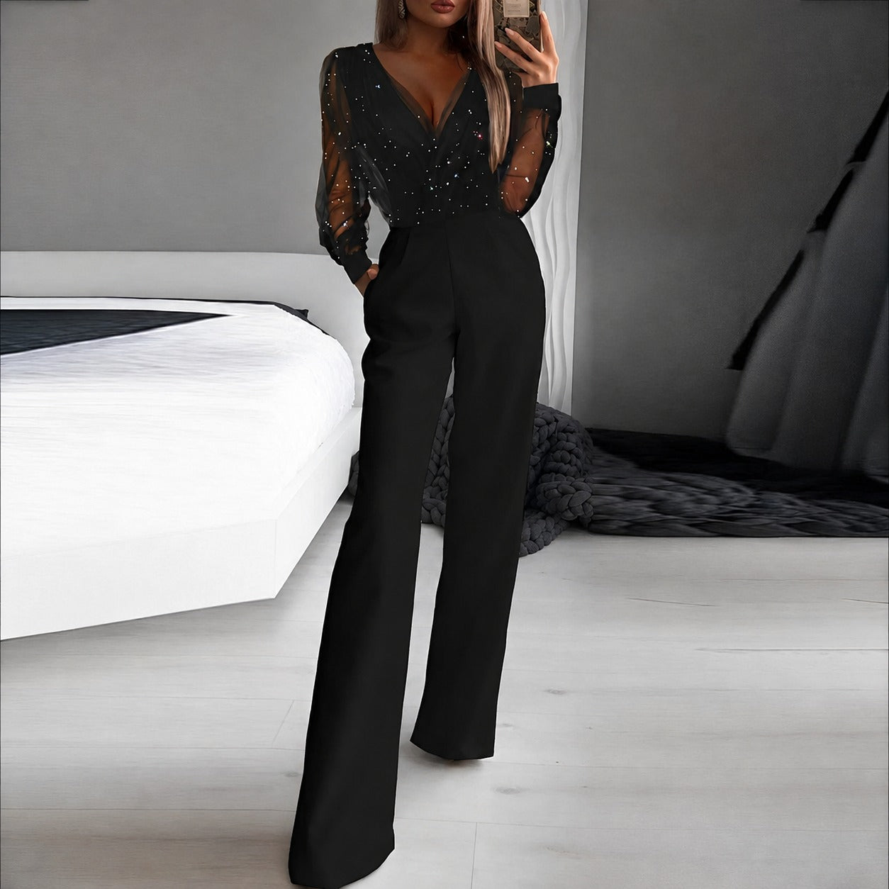 Lara - Damen-Jumpsuit mit V-Ausschnitt und Glitzer